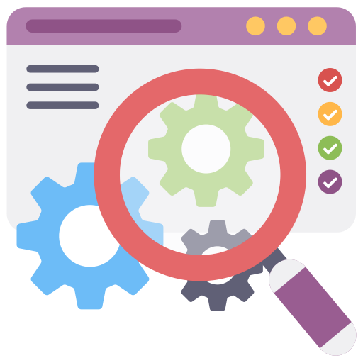 Icon representing SEO with a magnifying glass and bar graphs.