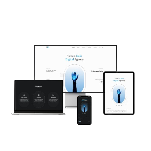 Screenshot of a practice version of Times Gain's website demonstrating a responsive design across multiple devices.